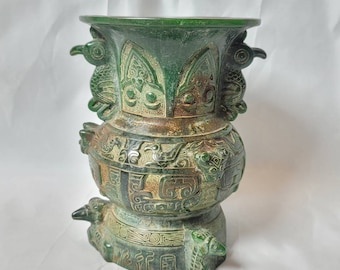 Early 16th Century Carved Natural Jade Tibetan Pot: Art Deco Flowers