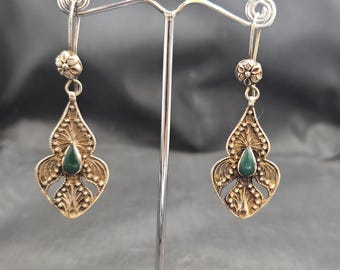 Handmade Vintage Authentic Silver Near Eastern Earrings With Green Agate Stone