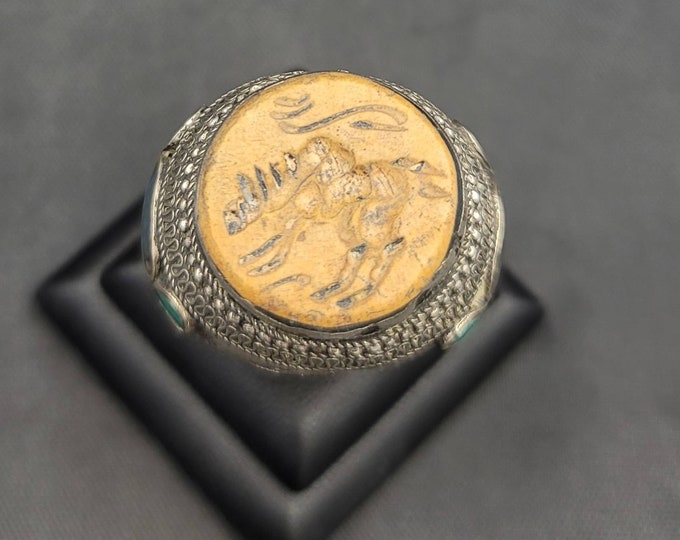 Late Medaval Silver Huge Ring With Orange Coral Hourse Intaglio