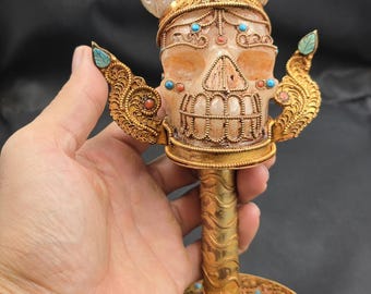 Rare Unique Found Tibeten Gold Gulit Beautiful Clear Crystal Quartz Skull Art Deco
