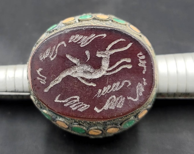 Super Gaint Antique Silver Near Eastern Seal Ring With Ancient Agate Deer Intaglio