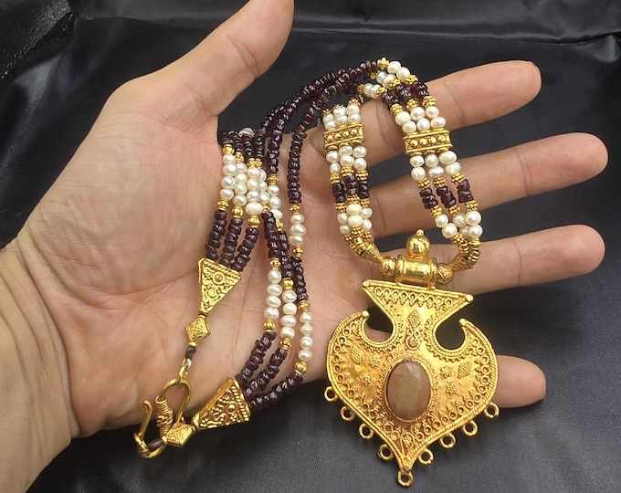 Wonderful Antique Unique Mug Design Gold Plated Pendant With Natural Garnet Gemstone Necklace