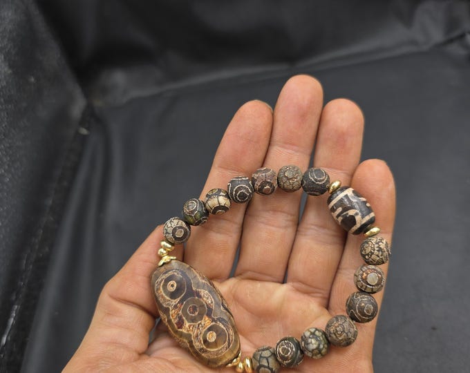 Ancient Dzi Agate Tibetan Bracelet: Adjustable Stone Baraclet
