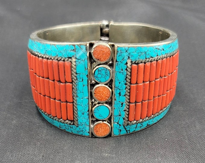 Vintage Beautiful Tibeten Silver Bangle With Natural Turquoise And Coral Stone