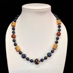 Lapis Lazuli Necklace with Gold Plated Beads - Afghanistan Gemstone