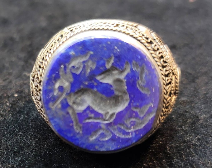 Deer Intaglio Lapis Lazuli Stone Vintage Silver Big Ring