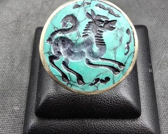 Antique Silver Turquoise Ring: Near Eastern Loin Intaglio, Size 9 3/4