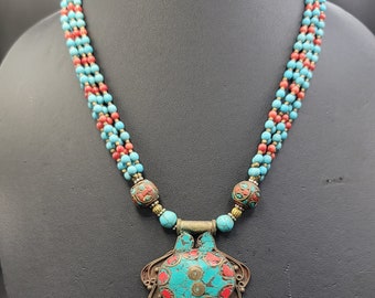 Vintage Handmade Brass Necklace: Turquoise & Coral Gemstone, 60cm