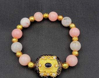 Pink Opal Rutile Quartz Bracelet: Gold-Plated Beads, Blue Sapphire Gemstone