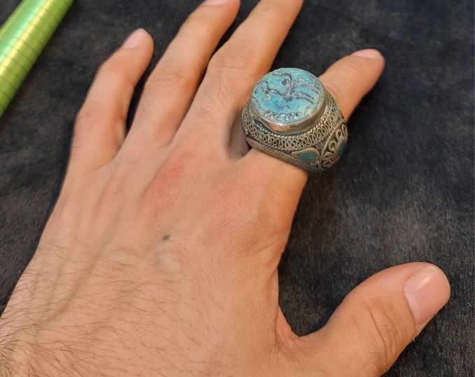 Antique Old Silver Ring With Natural Turquoise Stone Deer Intaglio Carved