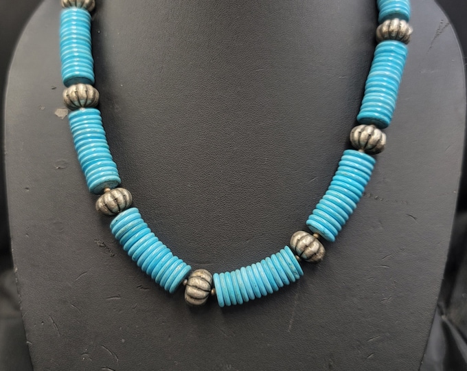 Original Turquoise High Quality Natural Native American Turquoise Round Beads With Silver Beads in Between Necklace