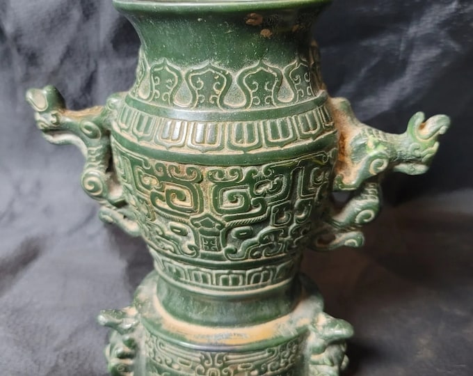 Beautiful Antique Tibetan Green Jade Decorative Art Unique Carved Flower Pot