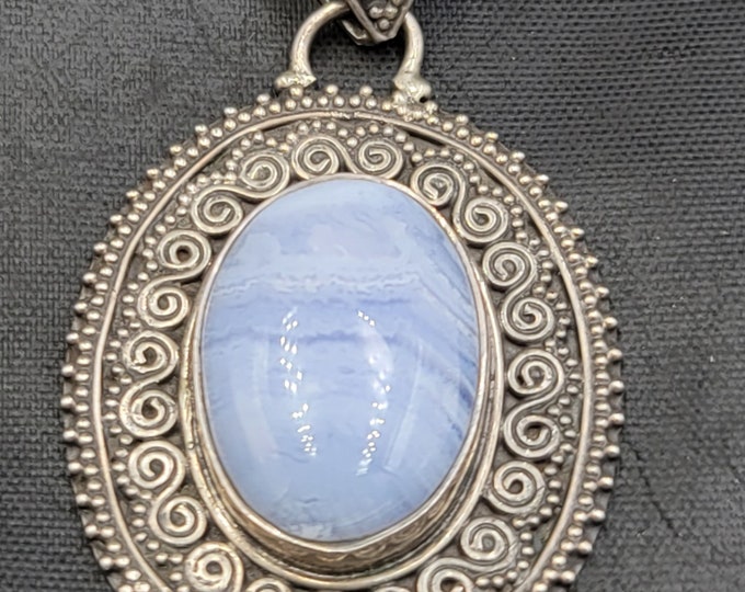 Beautiful Vintage Silver Near Eastern Handicraft Art Authentic Silver Pendant With Natural White Agate Stone