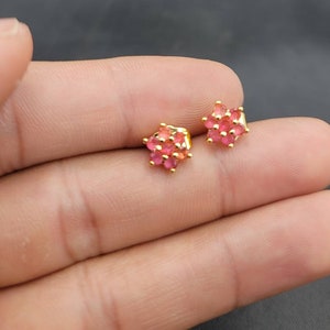 Pink Ruby Gemstone Stud Earrings: Gold Plated 925 Silver