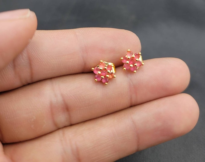 Beautiful Natural Pink Ruby Gemstone Silver 92.5 Gold Plated Stud Earrings