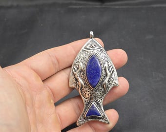 Handmade Silver Fish Pendant: Lapis Lazuli Stone, Afghanistan Jewelry