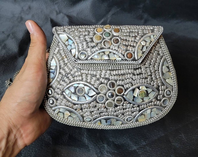 Wonderful Vintage Handmade Authentic White Brass With Mother of Pearls Stone Ladies chain Purse