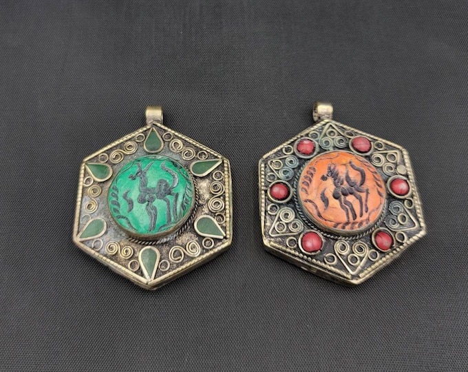 Vintage Brass Mid Century Wonderful Unique Pendant With Green Turquoise and Pink Coral Goat Intaglio