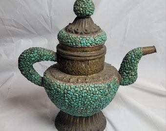 Beautiful Huge Vintage Antique Tibeten Natural Turquoise Stone Bronze Tea Pot Deco Art Home Decoration Art