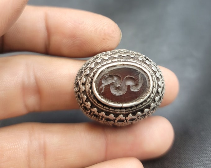 Real Ancient Agate Stone Snake Intaglio Near Eastern Silver Antique Ring
