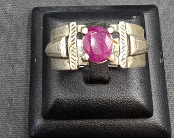 Handmade Vintage Sterling Silver Ring with Natural Ruby - US Size 11