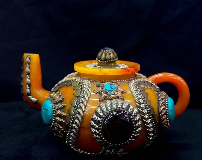 Copal Vintage Beautiful Handmade Tea Pot With Natural Turquoise and Other Gemstone