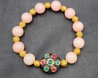 Pink Opal Beaded Bracelet with Gold-Plated Accents