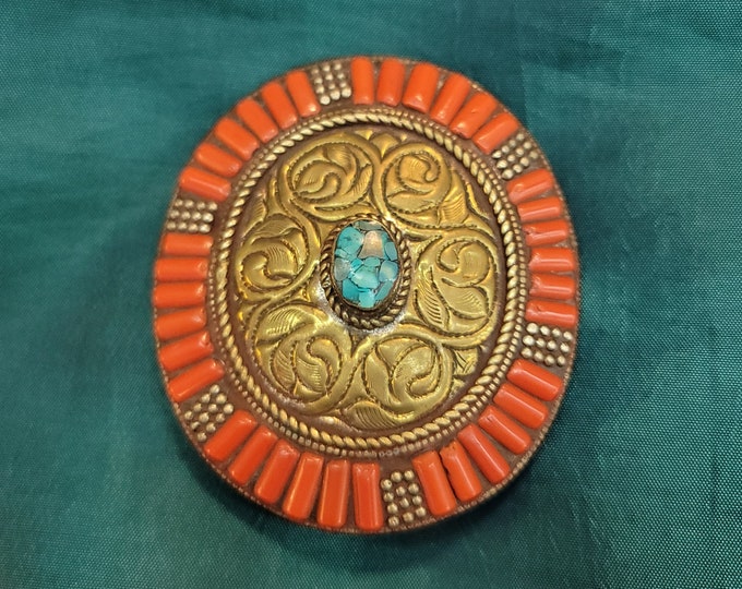 Amizing Original Coral And Turquoise Stone Beautiful Brass And Silver Handicraft Buckle