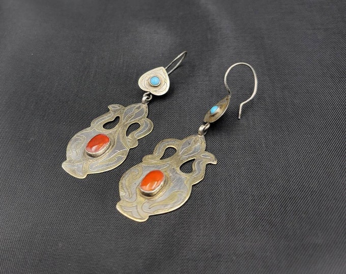 Vintage Beautiful Turkmani Afghanistan Silver With Gold Gulding Agate And Turquoise Stone Earrings