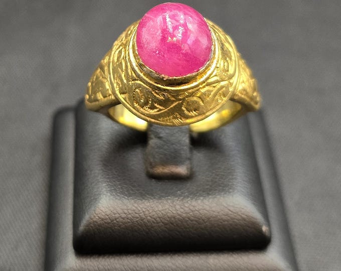 Vintage 18k Gold Plated Ring with Natural Red Ruby Gemstone, Size 8 3/4