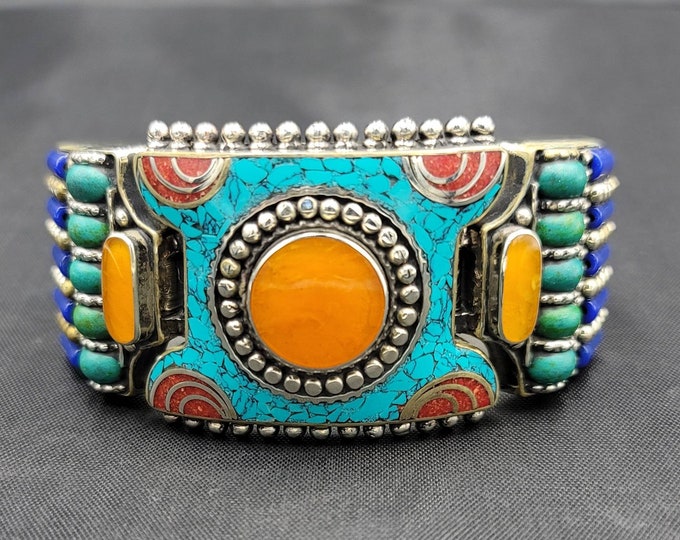 Vintage Late Tibeten Silver Bangle Bracelet With Natural Turquoise Yellow Copal Lapis Lazuli