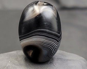 ANCIENT Indo Tibet Himalayan Nepali Stripe Black Agate Dzi Mala Bead Amulet Pendant Zhi