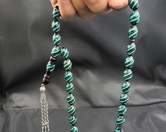 Genuine Black Coral Stone Beads 32 Prayer Beads Silver And Turquoise Inlaid Wonderful Antique Misbah Tasbi