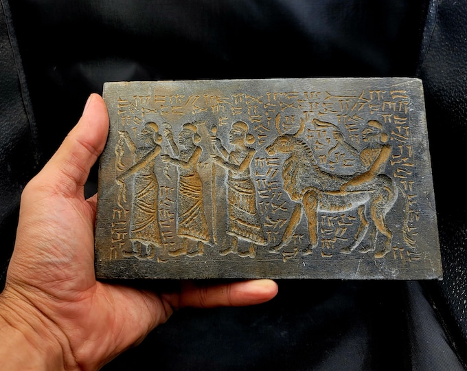 Museum Quality Ancient!! Cicra 100 BC King Gilgamesh Ride Horse With Queen Angle Intaglio Tablet Stone