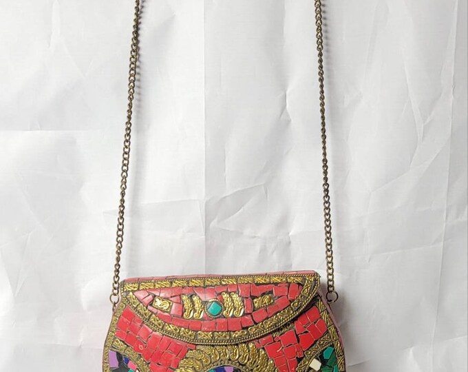 Beautiful Vintage Nepali Brass Ladies Hand Purse With Red Coral And Other Gemstone
