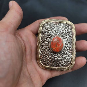 Near Eastern Silver Handmade Carved Belt Buckle With Natural Coral Stone