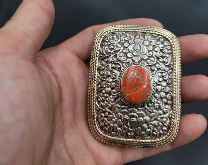 Near Eastern Silver Handmade Carved Belt Buckle With Natural Coral Stone