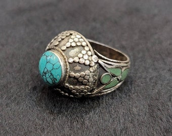 Handmade Silver Afghanistan Ring: Vintage Turquoise Gemstone, Size 10