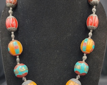 Vintage Tibetan Silver Stone Bead Necklace (68cm)