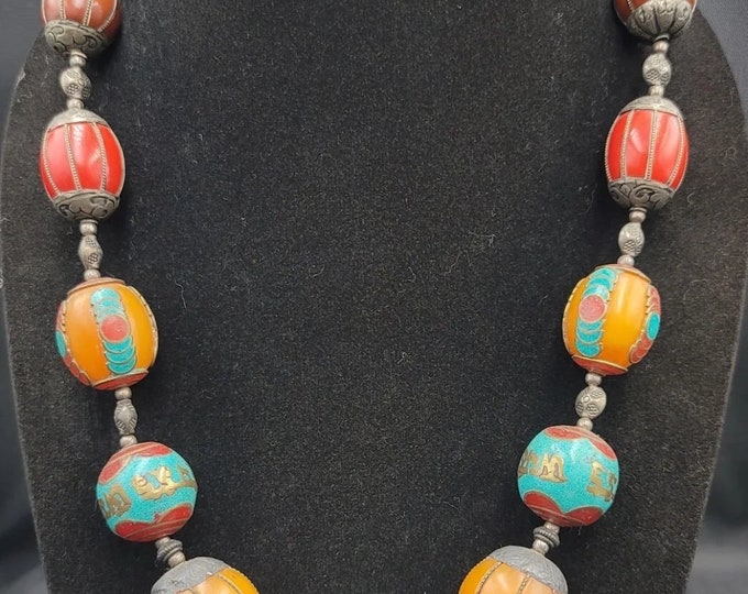 Beautiful Tibetan Silver And Stone Beads Wonderful Vintage Necklace 68cm
