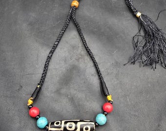 Ancient Dzi Tibetan 9 Eyes Agate Dzi Bead With Natural Turquoise And Coral Necklace