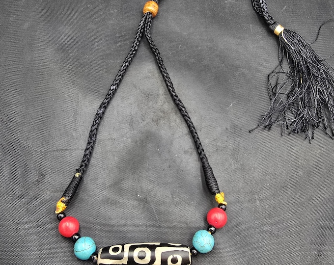 Ancient Dzi Tibetan 9 Eyes Agate Dzi Bead With Natural Turquoise And Coral Necklace