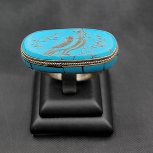 Beautiful Antique Silver Unique Turquoise Ring With Bird Intaglio