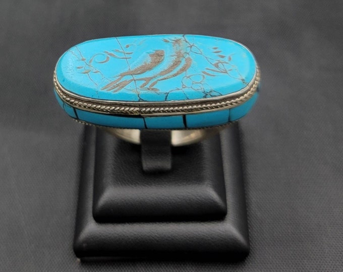 Beautiful Antique Silver Unique Turquoise Ring With Bird Intaglio