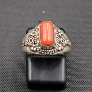 Near Eastern Old Silver Adjustable Ring With Natural Coral Stone