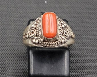 Near Eastern Old Silver Adjustable Ring With Natural Coral Stone