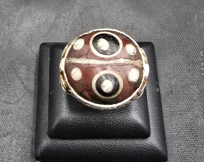 Vintage Silver Unique Ring With Ancient Glass Mosaic Gabree 2 Eyes Powerful Protection