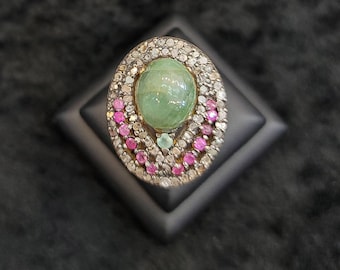 Vintage Emerald Ruby Ring: 20k Gold Over Sterling Silver, Size 7.5