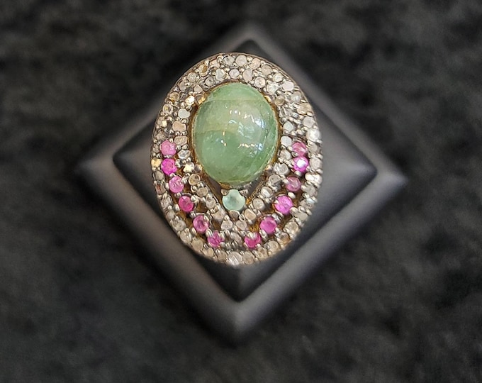 20k Gold Over Silver Vintage Ring Green Emerald With Rose Cut Natural Daimond And Ruby Gemstones