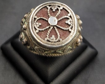 Antique Silver Kazaki Ring: Afghanistan Red Stone Ring, Size 9
